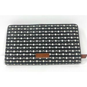Fossil LOGAN Bifold Black Stripe Long Snap Button Wallet Brown Accent NWOT